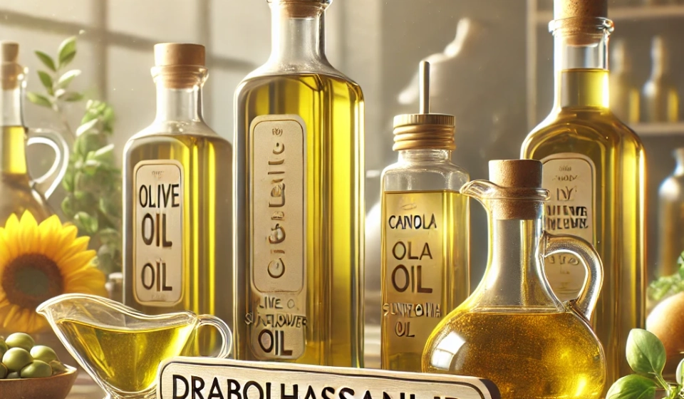 DALL·E 2024-12-16 14.34.56 - A clean and modern design showcasing healthy cooking oils. The image includes a variety of oil bottles such as olive oil, canola oil, and sunflower oi