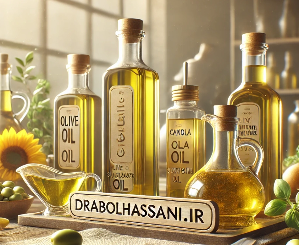 DALL·E 2024-12-16 14.34.56 - A clean and modern design showcasing healthy cooking oils. The image includes a variety of oil bottles such as olive oil, canola oil, and sunflower oi